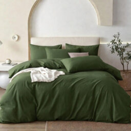 Oxford Homeware Olive Green Single Plain Dyed Duvet Cover, Fitted Sheet & Pillowcases Set 4 Piece Bed Sets - thumbnail 1
