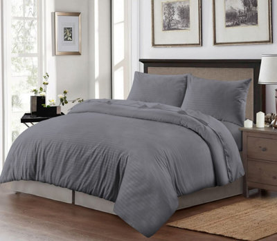 Homes & Linen Super Soft Brushed Microfiber Embossed Stripe Grey Duvet Cover Set With Pillowcases - image 1