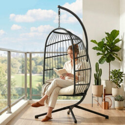 Outsunny Hanging Egg Chair, Outdoor Swing Chair With Stand, Black/cream - thumbnail 9