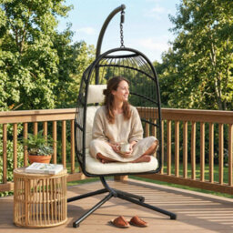 Outsunny Hanging Egg Chair, Outdoor Swing Chair With Stand, Black/cream - thumbnail 8