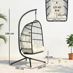 Outsunny Hanging Egg Chair, Outdoor Swing Chair With Stand, Black/cream - thumbnail 3