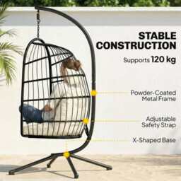 Outsunny Hanging Egg Chair, Outdoor Swing Chair With Stand, Black/cream - thumbnail 4