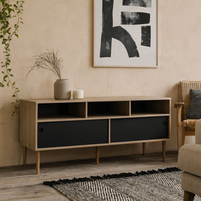 Wyld Haus Tao Natural Oak Effect And Matt Black Tv Unit With 2 Sliding Doors - image 1