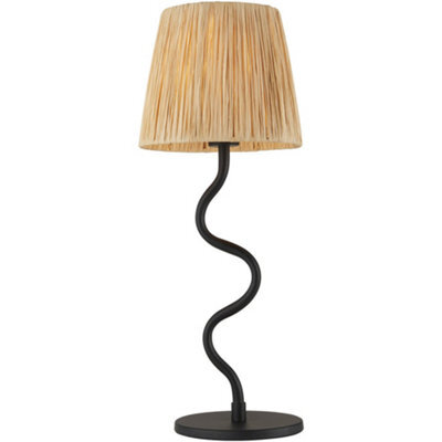 Loops Matt Black Table Lamp - Natural Raffia Shade - 457mm Tall Light - 7W Led E14 - image 1