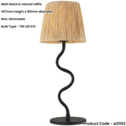 Loops Matt Black Table Lamp - Natural Raffia Shade - 457mm Tall Light - 7W Led E14 - thumbnail 2