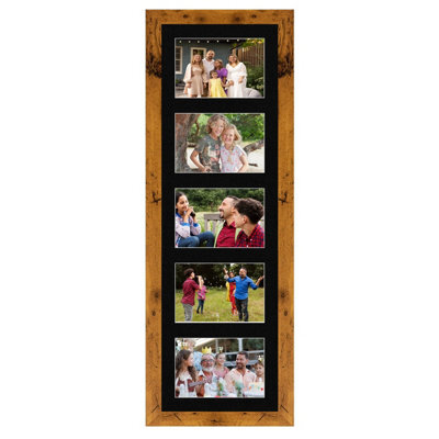 AK Frames 26X8 Rustic Oak Modern Multi Photo Frame With Black Mount - Holds 5 Apertures (5X) 6X4 Photos - image 1