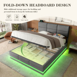 Abrihome Gray Velvet Upholstered Bed 135X190Cm - Adjustable Headboard With Usb/type-C Ports, Led Lighting & Hydraulic Storage, No Mattress - thumbnail 8