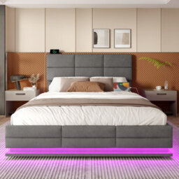 Abrihome Gray Velvet Upholstered Bed 135X190Cm - Adjustable Headboard With Usb/type-C Ports, Led Lighting & Hydraulic Storage, No Mattress - thumbnail 4