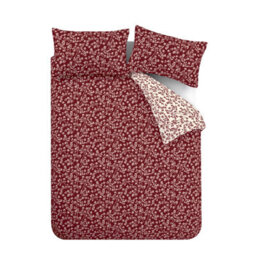 Catherine Lansfield Brushed Grace Floral Leaf Cotton Reversible Duvet Cover Set With Pillowcase Red - thumbnail 5