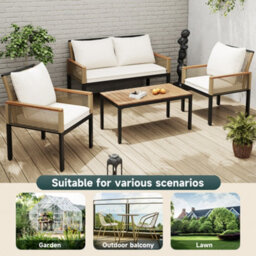 Btm Rattan Garden Lounge Set, 2Toseater Sofa, 2 Armchairs & Table, Cushioned, Beige - thumbnail 6