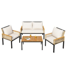 Btm Rattan Garden Lounge Set, 2Toseater Sofa, 2 Armchairs & Table, Cushioned, Beige - thumbnail 7