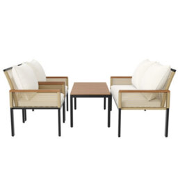 Btm Rattan Garden Lounge Set, 2Toseater Sofa, 2 Armchairs & Table, Cushioned, Beige - thumbnail 8