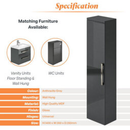 Plum&clay Novela Anthracite Grey Wall Mounted Bathroom Tall Storage Cabinet Unit Bathroom Storage - thumbnail 5