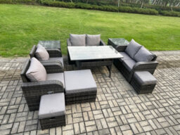 Fimous Outdoor Rattan Garden Furniture 10 Piece Grey Patio Furniture Set 9 Seater Lounge Sofa Set With Rectangular Table - thumbnail 2