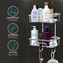 House Of Home Self Adhesive 2 Tier Aluminium Shower Caddy With Bottom Hooks - thumbnail 3