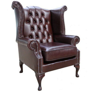 Chesterfield High Back Wing Chair Old English Brown Leather In Queen Anne Style - image 1