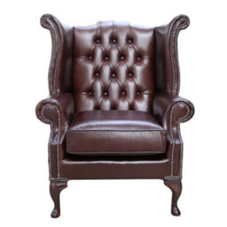 Chesterfield High Back Wing Chair Old English Brown Leather In Queen Anne Style - thumbnail 3