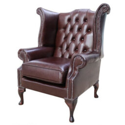 Chesterfield High Back Wing Chair Old English Brown Leather In Queen Anne Style - thumbnail 2