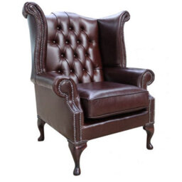 Chesterfield High Back Wing Chair Old English Brown Leather In Queen Anne Style - thumbnail 1