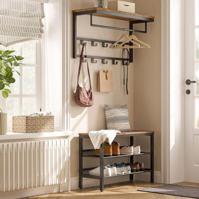 Coat Rack Wall-Mounted, Coat Hook With 10 Hooks And Shelf, Hanging Rail, Rustic Brown - image 1