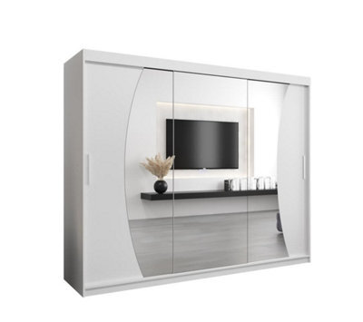 Arte Wave Contemporary 3 Mirrored Sliding Door Wardrobe 9 Shelves 2 Rails White Matt (H)2000mm (W)2500mm (D)620mm - image 1