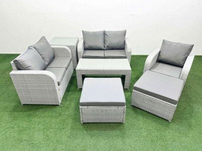 Fimous High Back Poly Rattan Garden Furniture Set Reclining Chair Loveseat Sofa Oblong Coffee Table Set 2 Big Stool Side Table - image 1