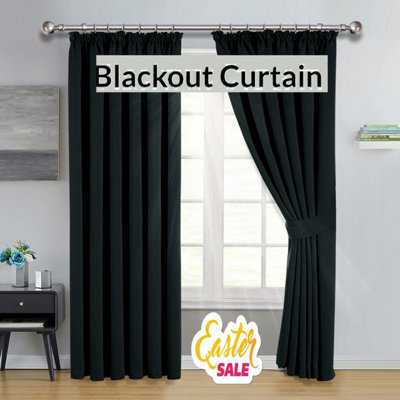 Ameha Black Blackout Curtain Pencil Pleat Curtain 66''x72'' Thick Thermal Insulated Curtains Pair With Tie Backs Living Room Decor - image 1