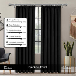 Ameha Black Blackout Curtain Pencil Pleat Curtain 66''x72'' Thick Thermal Insulated Curtains Pair With Tie Backs Living Room Decor - thumbnail 2