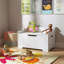 Wooden Toy Organizer Storage Chest With Safety Hinge, White Bench For Kids, Durable Toy Box & Sitting Bench