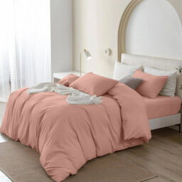 Oxford Homeware Peach King Plain Dyed Duvet Cover, Fitted Sheet & Pillowcases Set 4 Piece Bed Sets - thumbnail 3