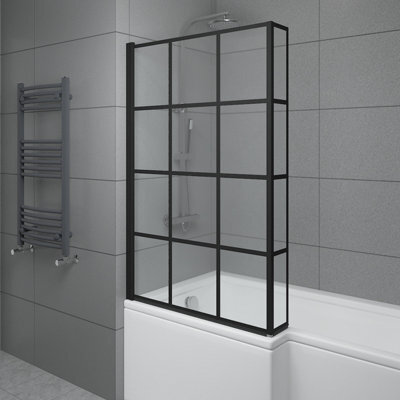 Sundaze 6mm Toughened Safety Glass L Shaped Black Grid Shower Bath Screen Fixed Return - image 1