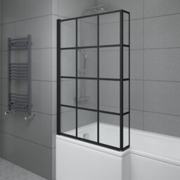 Sundaze 6mm Toughened Safety Glass L Shaped Black Grid Shower Bath Screen Fixed Return - thumbnail 1