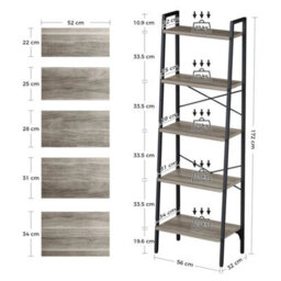 Ladder Shelf Bookcase 5 Tier Display Storage Shelving Unit Stand Wall Rack Light Grey - thumbnail 2