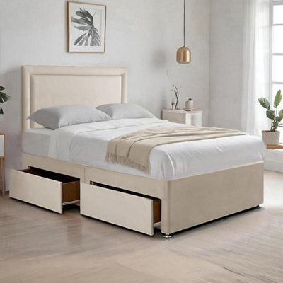 Cream Plush 5Ft King Size Bed With Matttress  2 Storage Drawers And 20 Inch Plain Borderd Headboard - image 1