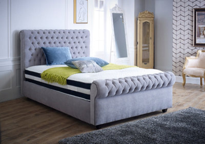 Stratus Interiors Quebec Soft Velvet Chesterfield Sleigh Scroll Bed Frame-Small Double - Gas Lift Ottoman Storage - image 1