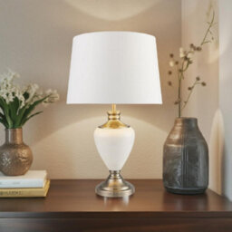 Lighting Supermarket Hepburn Large Ceramic Table Lamp White Gold Lined Shade Cream Brass Finish 58Cm