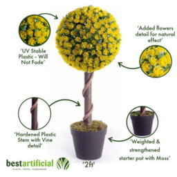 Best Artificial 2Ft / 60Cm Yellow Rose Ball Tree Plant Garden Office Conservatory Tropical Indoor Outdoor - thumbnail 3