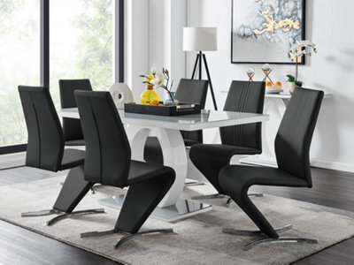 Furniturebox Giovani Rectangular 6 Seat White High Gloss Unique Halo Base Dining Table Grey Glass Top 6 Black Faux Leather Willow Chairs - image 1