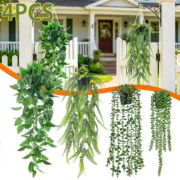 CLEFFNS 4Pcs Fake Hanging Plant Artificial Hanging Eucalyptus Fake Potted Greenery Faux Eucalyptus Mandala Vine Ivy Vine Leaves Pea Pod - thumbnail 1