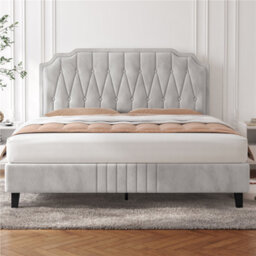Yaheetech Upholstered Bed Frame With Button-Tufted Adjustable Headboard - Beige / King