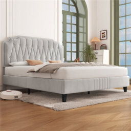 Yaheetech Upholstered Bed Frame With Button-Tufted Adjustable Headboard - Beige / King - thumbnail 3