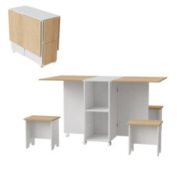 Drop Leaf Dining Table And 4 Stools Set, 5 Piece Foldable Kitchen Table Set - thumbnail 1