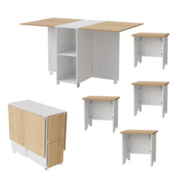 Drop Leaf Dining Table And 4 Stools Set, 5 Piece Foldable Kitchen Table Set - thumbnail 4