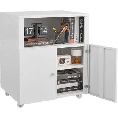 Metal Printer Stand Wheel Storage Cabinet Door Open Shelf White - image 1