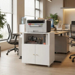 Metal Printer Stand Wheel Storage Cabinet Door Open Shelf White - thumbnail 5