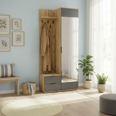 Coral Compact Hallway Wardrobe In Golden Oak Anthracite With Mirror Coat Hooks And Storage Cabinet - image 1