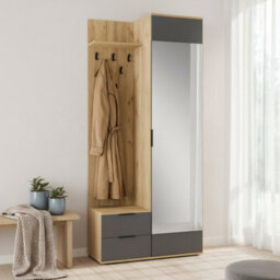 Coral Compact Hallway Wardrobe In Golden Oak Anthracite With Mirror Coat Hooks And Storage Cabinet - thumbnail 3