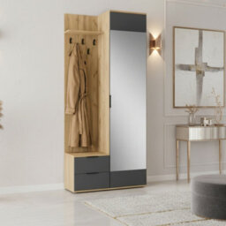 Coral Compact Hallway Wardrobe In Golden Oak Anthracite With Mirror Coat Hooks And Storage Cabinet - thumbnail 2