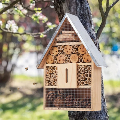 Insect Wooden Hotel Metal Roof Nesting Home Bee Keeping Bug Garden Ladybird Box A 30.5X9.3X27.3Cm - image 1