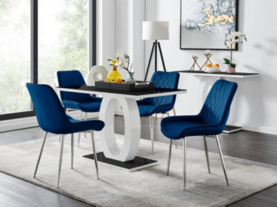Furniturebox Giovani Rectangular 4 Seat White High Gloss Unique Halo Base Dining Table Black Glass Top 4 Navy Velvet Silver Leg Pesaro Chairs - image 1